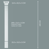 Lesena decorativa in stile corinzio a parete,  pilastro colonna piatta romana, greca, in poliuretano robusto | Altezza totale 240cm